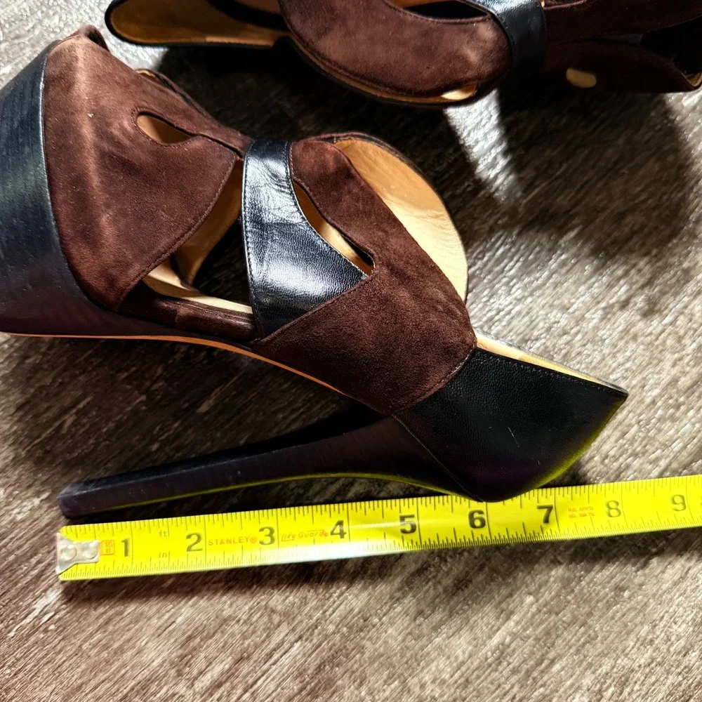 Fendi Platform Heels Womens 36.5 Brown Suede Black Leather Peep Toe Cutout Italy